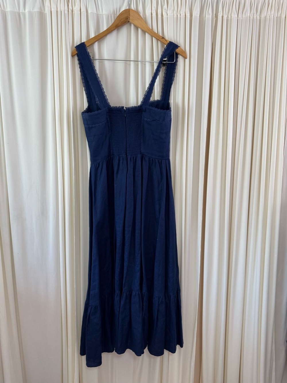 Reformation Rowen Sleeveless Smock Tiered Linen Midi Summer Dress Navy Blue Sz 8 - Picture 6 of 8